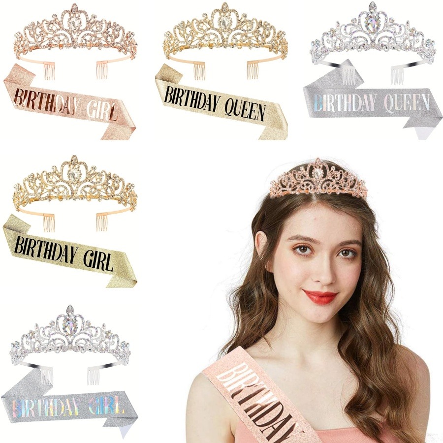 Birthday Sash Glitter - 2pcs/Set Mahkota Kristal Rhinestone Berkilau Tiara